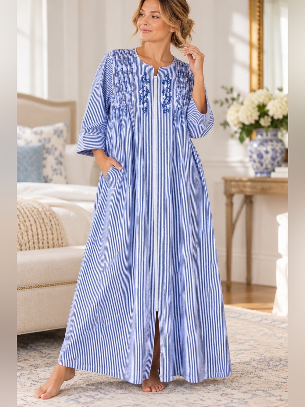 Miss Elaine 2X Blue White Stripe Duster Robe Cottagecore Coastal Grandmillennial